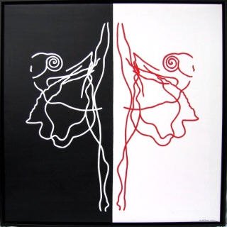 Maleri af dansende kvinder. Maleriet er meget grafisk og sort hvis meget flot og sofistikeret fine art maleri. Fine arts malerier.