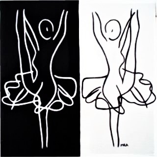 Maleri af dansende kvinder. Maleriet er meget grafisk og sort hvis meget flot og sofistikeret fine art maleri