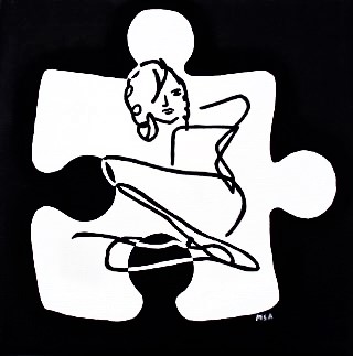 Maleri af kvinde i et puslespil. Maleriet er Kunstmaleriers varemærke og vores absolut favoritbillede. Fine art kunst og malerier hos Kunstmalerier.dk