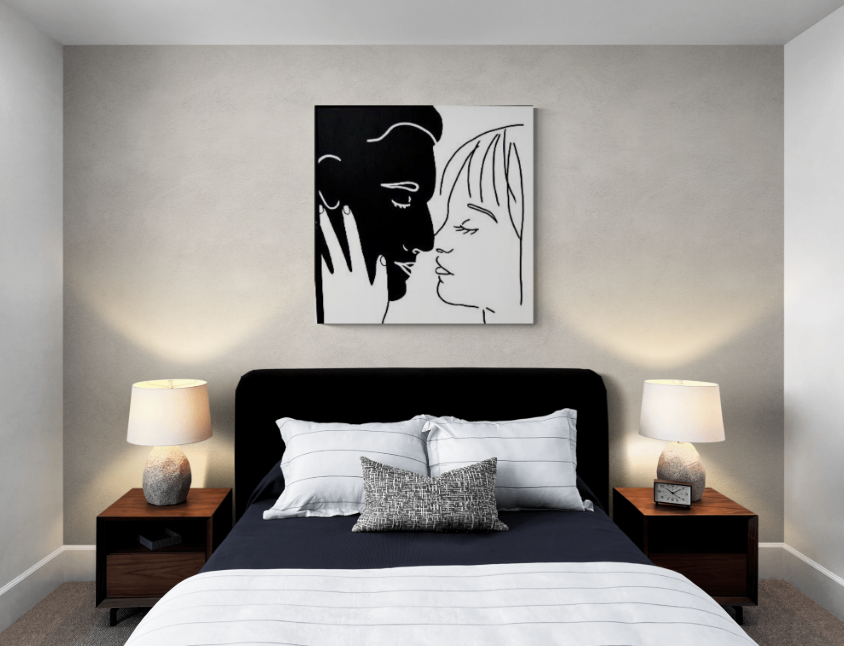 Maleri af kysset. Maleriet er meget grafisk og sort hvis meget flot og sofistikeret fine art maleri der fanger essensen af mand og kvinde parforhold.