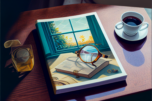 Image of a surrealistic poster with a single glass on a book
