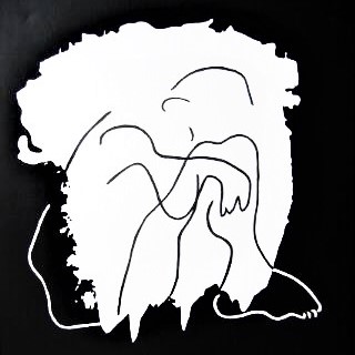 Maleriet er Kunstmaleri.dks logo og varemærke. Maleri til stuen forestiller en knælende mand, der er tegnet abstrakt indenfor stilen abstrakt kunst.
