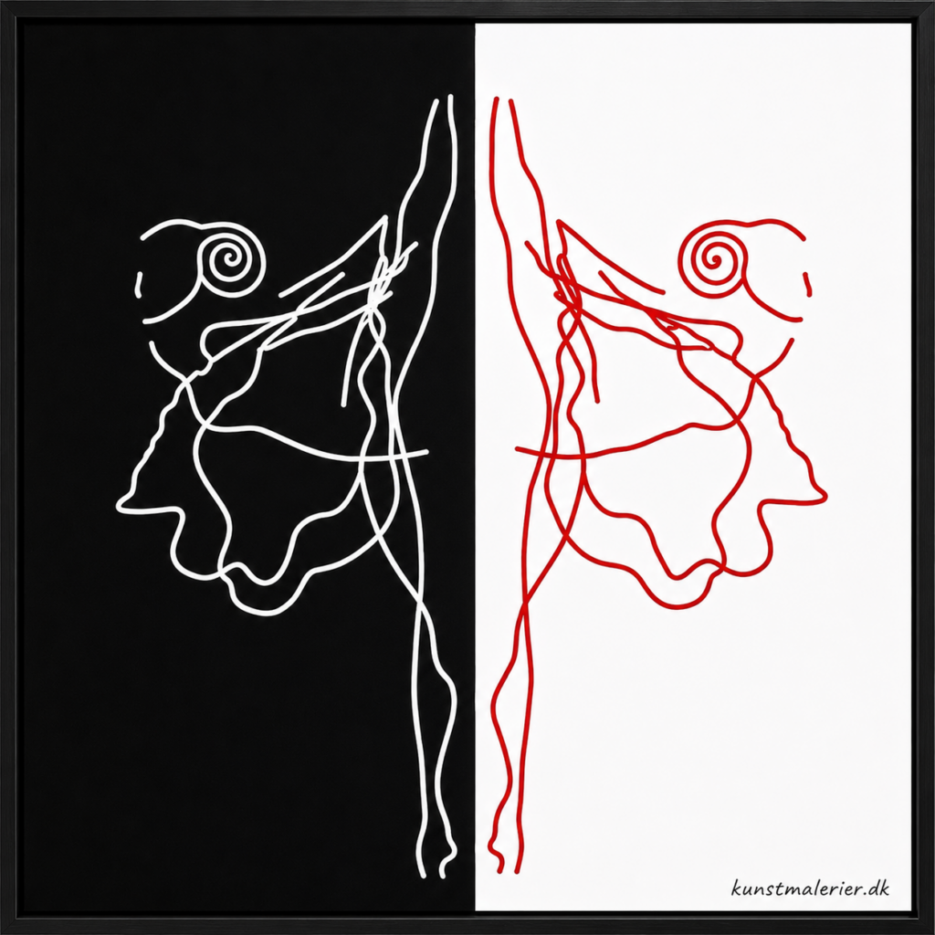 Kunstmalerier.dk præsenterer maleriet Danserinder. Kunstmaleriet forestiller en spejlvendt danserinde i hvid og rød med sort baggrund. Maleriet er i stilen line art i fine art stilen.