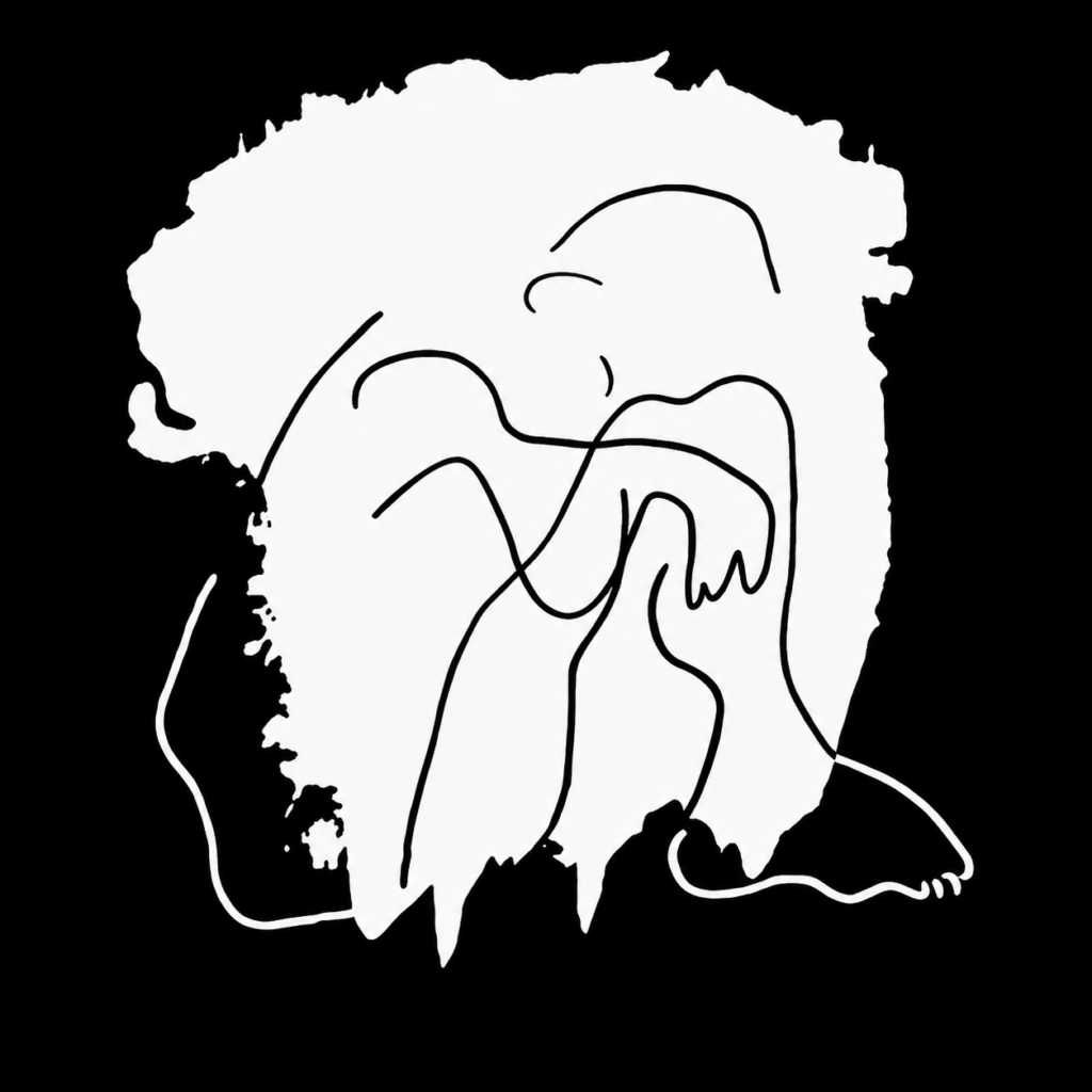 Maleri Knælende fra Kunstmalerier.dk. Kunstmaleri af en knælende mand i kunststilen fine art kunstmaleri i line art stilen i sort og hvid.